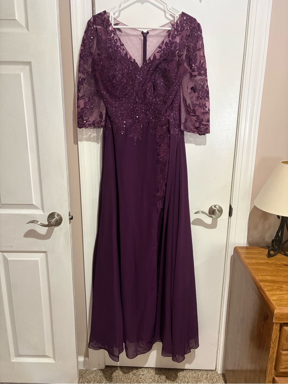 JJs House Plum/Grape V-Neck Beaded Lace Evening Gown or Mothers Wedding Dress